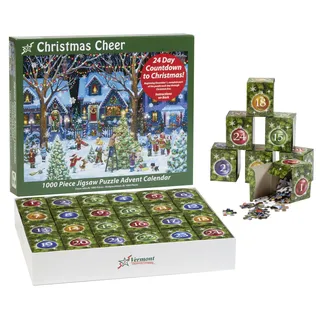 Christmas Cheer Puzzle-Adventskalender 1000 Teile von Vermont Christmas Company – 24 Puzzleteile zum Vervollständigen – Zählen Sie jeden Tag im Dezember bis Weihnachten