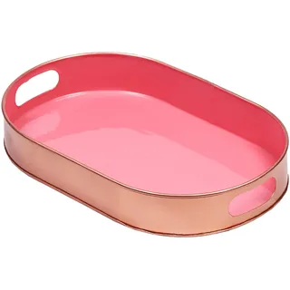 MARRAKESCH Boho Deko Tablett Serviertablett Oval aus Metall 32cm groß mit Henkel Aarhus rosa Skandinavische Asthetic Deko für Wohnzimmer