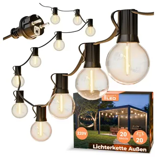 Lichterkette Außen Outdoor LED Strom,20M Außenbeleuchtung E12 mit Stecker, 20 Glühbirnen, IP65 Wasserdicht Wetterfest Lichterkette Glühbirnen für Garten Terrasse Party Weihnachten, Warmweiß
