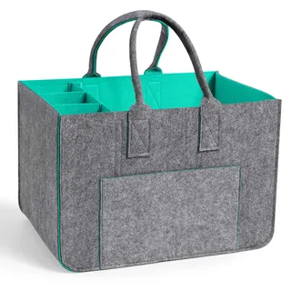 Haiane Filztaschen Shopper aus 4mm Filz – Tragekorb mit Griffen – Filztasche mit Fächern für Strand, Auto, Picknick, Robuster Tragekorb als Einkaufswagentasche, Mutti Korb (Grau-Hellblau) - 40 cm x 27 cm x 27 cm