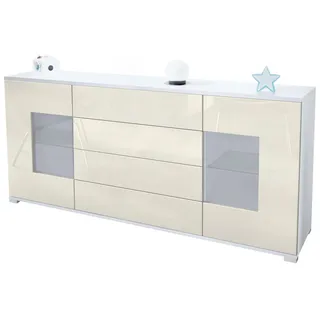 Vladon Sideboard Grömitz V2 (Kommode mit 2 Türen, 4 Schubladen und 2 flexible Glaseinlegeböden), Weiß matt/Creme Hochglanz (166,5 x 75,5 x 35) gelb