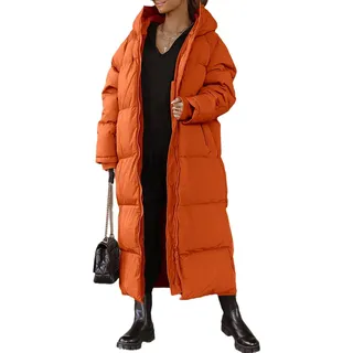 EsukAr Langer Steppmantel Für Frauen Kapuzenpulli-Jacke Mit Langen Ärmeln Wattierter Mantel Winter-Oberbekleidung,Orange,XXL - XXL