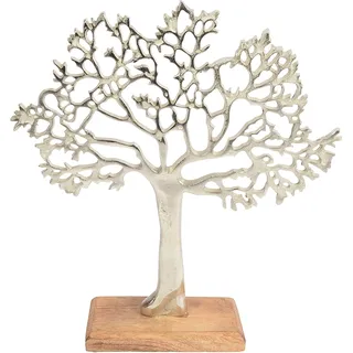 CHICCIE Metall Baum Figur Silber Auf Mango Holz 28cm - Lebensbaum Dekobaum Geldbaum