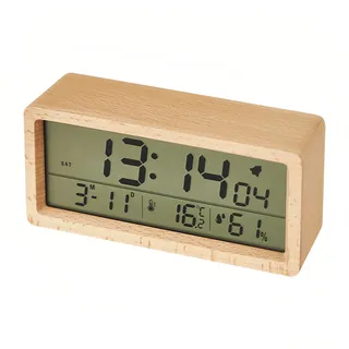 Lancoon Elektronischer Holzwecker mit LCD Großes Display Temperatur Luftfeuchtigkeit Weiches Nachtlicht Datum Woche 12/24 Stunden Schalter Snooze Modus Einfach zu Benutzen für Studenten Büro