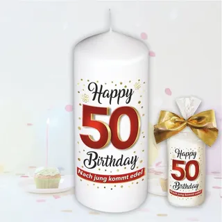 Geburtstagskerze – Zum 50. Geburtstag – Kerze Stumpenkerze Jahreszahl mit Spruch