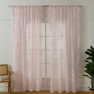 Lsimeru Vintage Landhaus Vorhang Spitze Transparent Rosa Ösen Barock Rose Muster Spitzengardinen Gardinen Prinzessin Ösenschal Ösenvorhang 2 Stück 140x160
