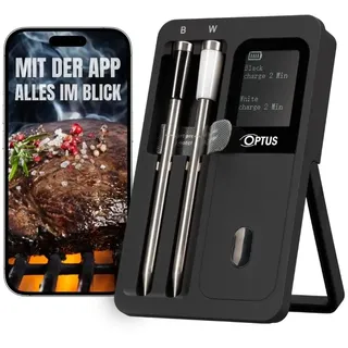 Optus Bluetooth Grillthermometer mit 2 kabellosen Sonden App-Steuerung IP67 Display Temperaturalarm 60m Reichweite