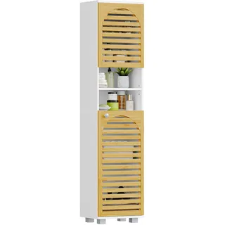 Hzuaneri Badezimmerschrank Bambus mit 2 Bambustüren und 2 Offenen Fächern | Badezimmer Hochschrank mit Verstellbaren Regalen, Küchenschrank, Wohnzimmer, Badschrank 30 x 40 x 171,5 cm Weiß SC17003X