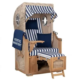 MR.DEKO Strandkorb 1-Sitzer Single Teak Shell Volllieger mit Bullaugen, BxTxH: 96x80x165 cm, Vollieger, Düne Single, (Fertig montierter Strandkorb für Garten, Terrasse & Balkon, 1-tlg), Wetterfester Volllieger mit Edelstahlbeschlägen & waschbaren Polstern braun