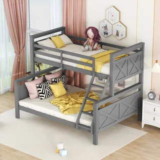 =(wx000403aae-1)etagenbett Mit Leiter Und Sicherheitsgeländer, Umbaubar In 2 Getrennte Betten, Holzbett Für Kinder, Jugendliche Und Erwachsene, 90(140)x200cm, Grau(eta 7.13)