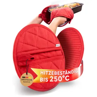 wohnheld Topflappen Set (Extrem hitzebeständig bis 250 °C) Rot | Premium Ofenhandschuhe & Topfuntersetzer Kombi (dank patentierten Greif-Taschen) waschbare und weiche Baumwolle, Größe 20cm