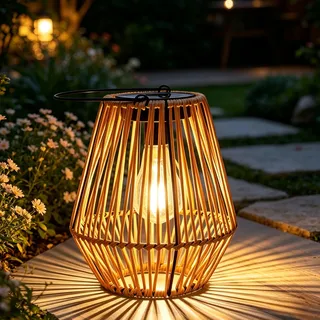 Solar Laterne Außen Hängend Rattan Wasserdichte Solarleuchte | Automatische Ein/Aus, LED Glühbirne, Boho Licht für draußen, Terrasse Balkon Bäume Rasen Garten Hof Außendekoration