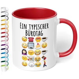 Lustige Büro Tasse Ein typischer Bürotag - lustige Kaffee-Tasse mit Spruch Emoticon Kaffeebecher, Geschenk für Mitarbeiter Kollegen Büro Arbeit Homeoffice Geburtstag Weihnachten (Rot)
