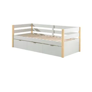 58 aufm Kessel Bettgestell Kojenbett Karissa 211x98x77 Hochbett Massivholz+MDF Weiß/natur (inkl. Versand, Lieferung bis Verwendungsstelle), Liegefläche 90x200, Schublade, Massivholzbett, Gästebett, Seniorenbett beige