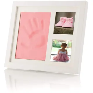 smileBaby Baby Bilderrahmen Set Hand- und Fußabdruck inkl. spezieller Knetmasse, Holzrolle sicherer Acrylglas Aufsteller rosa