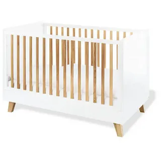 Pinolino Gitterbett Pinolino Pan, Weiß, Eiche, Holz, Holzwerkstoff, Eiche, massiv, 75x93x145 cm, zum Juniorbett umbaubar, höhenverstellbar, Sprossen mit Normabstand, Sitzsofa Aufbauanleitung im Karton, Lattenrost inklusive, Schlupfsprossen, Babymöbel, Babybetten, Gitterbett