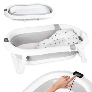 moovkee Babybadewanne Faltbar 80 cm Grau mit Thermometer und Badekissen – Babywanne für Neugeborene sicher - Grau