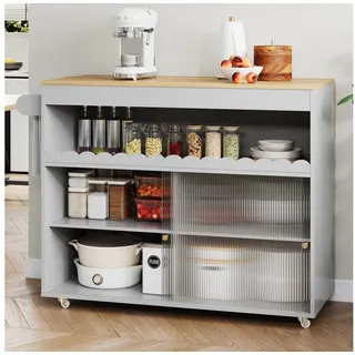 i@home Kücheninsel Organizer für Küche & Terrasse, (klappbar, Eichenfurnier-Platte, Glas-Schiebetüren, verstellbare Einlegeböden), Servierwagen auf Rollen 122 x 46(69) x 91cm, für Buffet & Party grau