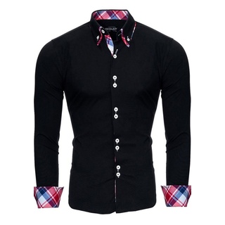 Reslad Langarmhemd Reslad Herren Hemd Button-Down Slim Fit Kontrast Langarmhemd RS-7015 Doppelkragen Kontrast Karo Muster Hemden schwarz