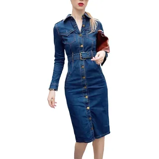 ClairSue Damen Frühling Sommer Elegant Bodycon Jeanskleid Langarm Rundhals Knopf Knielang Epaulet Denim Blusekleid Partykleid Cocktail Kleid Mit Gürtel - 38