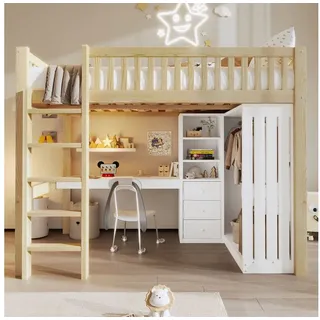 Ulife Hochbett Hochbett mit Schreibtisch, Schrank & Schubladen (Natur) beige 140 cm x 205 cm x 180 cm