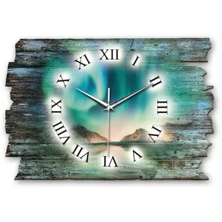 Kreative Feder Designer Wanduhr „Nordlichter“ aus Holz 40x27cm im Shabby Style Design - Designeruhr mit flüsterleisem Uhrwerk ohne Ticken (Nordlichter, leises Quarzuhrwerk)
