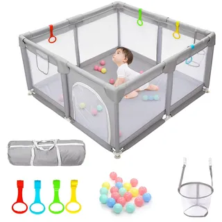 CHOLY Laufstall Baby 128x128cm, Baby Laufstall für Babys und Kleinkinder | sichtbarem atmungsaktivem Netz Schaumstoffschutz, Extra großer Spielplatz innen und außen (Hellgrau, 128*128cm)