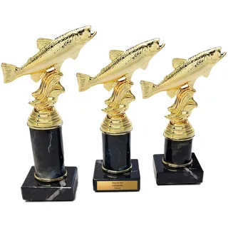 eberin Angler Pokal - Fisch Trophae Gold auf Marmor - Lachs Forelle Pokale