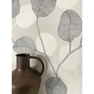 Newroom Vliestapete Nerin Grey Tapete Mustertapete Blätter,Pflanzen, Grau Tapete Floral Blätter - Natur Idyllisch Schwarz Weiß Romantisch 3D Optik Pflanzen für Schlafzimmer Wohnzimmer Küche, Natur grau