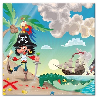 Bilderdepot24 Glasbild, Kinderbild Pirat auf Insel Cartoon bunt 50 cm x 50 cm