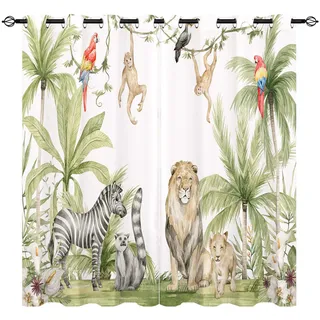 YUANZU Afrikanische Tier Vorhänge Safari Dschungel Löwe Zebra Affen Papageien Palmen Blumen Ösen Gardinen mit Blickdichte Vorhang Blackout Curtain Kinderzimmer Schlafzimmer 2 Stück, H 245 x B 200 cm