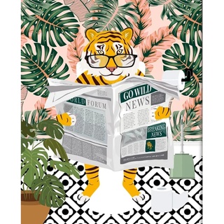 DIY Malen nach Zahlen für Erwachsene Badezimmer Tier DIY Digital Ölgemälde Acrylfarbe Tiger auf Toilette Malerei Kits Leinwand Wandkunst Grüne Blätter Lustige Raumdekoration 50x 40 cm (ohne Rahmen)