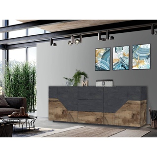 Dmora Modernes Sideboard mit 4 geometrischen Türen und 3 Schubladen, Made in Italy, Küchen-Sideboard, Wohnzimmer-Design-Buffet, Cm 220x43h86, Schiefer und Ahorn