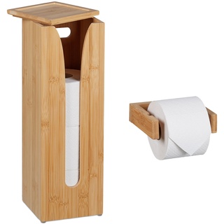 Relaxdays Toilettenpapierhalter Set, Bambus, 4 Rollen, WC-Rollenhalter Wandmontage & Ersatzrollenhalter stehend, natur