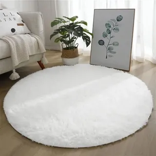 GIBZ Home Teppich Rund Wohnzimmer Schlafzimmer rutschfest Shaggy Modern Flauschig Langflor für Esszimmer, Büro, Badezimmer, Flure, Küche, 140 x 140 cm, Weiß