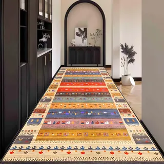 Waazgle Boho Teppich Läufer Flur Bunt küche Lang Waschbar rutschfest 90x450cm Teppichläufer Flurläufer küchenläufer Fußmatte Wohnzimmerteppich Dauerhaft für Esszimmer Korridor Meterware