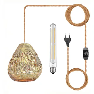 Pendelleuchte Kit mit Stecker Vintage Dimmbar Hängelampe Boho Rattan Lampe Plug in Hängeleuchte mit 4,5 Meter Seil Kabel E27 Handgewebte Lampenschirm Deckenleuchte für Küche Schlafzimmer Wohnzimmer