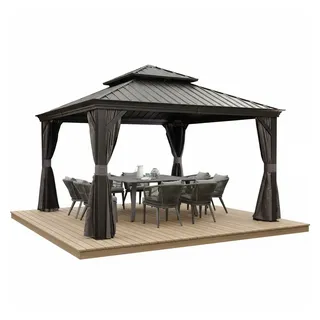 PURPLE LEAF Pavillon Gartenpavillon mit Stahldach, Hardtop Gazebo mit Seitenteile, Wasserdicht Stabil Winterfest, Grau grau 365 cm x 365 cm