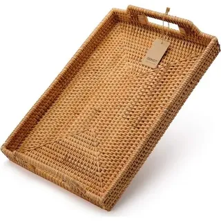 Rechteckiges, Handgeflochtenes Serviertablett Aus Rattan Mit Griffen Für Frühstück, Getränke, Snacks Oder Als Couchtisch