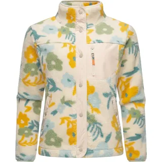 Ragwear Damen, Plüschjacke im Blumenmuster kurze Teddyfleece-Jacke warm mit hohem Kragen und Brusttasche Appopis Print beige, Gr. 4XL (48),