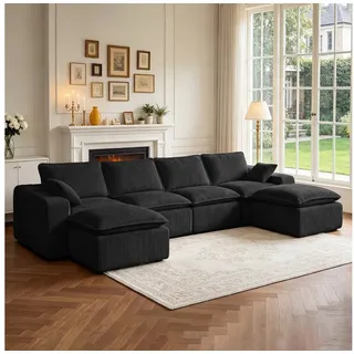 Vipbear Wohnlandschaft Modulares Cordsofa mit Hocker, U-Form Schlafsofa, 1 Teile, Frei Kombinierbar, Schwarz schwarz