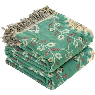 HOORDRY 100% Baumwolle Boho Decke 200x230CM,Doppelseitig Gewebte Tagesdecke mit Fransen Couchdecke Sesseldecke Wohndecke Wendedecke Kuscheldecke Sofadecke mit Muster,Sonnenblumen,Grün/Beige