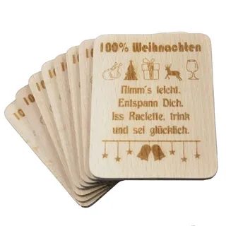 8 Stück Raclette Untersetzer mit Lasergravur"100% Weihnachten" aus Buchenholz, 100x80x7mm