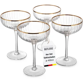 BUTLERS GOLDEN TWENTIES Champagnerschale, 4er-Set, 400 ml, Goldrand | Mundgeblasenes Glas, handbemalter Goldrand, geriffelte Optik, auch als Sektschale nutzbar, für Cocktails & Desserts