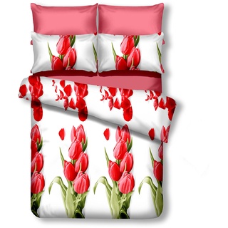 DecoKing 155x220 cm Bettwäsche mit 1 Kissenbezug 80x80 Bettbezüge Microfaser Reißverschluss Blumen Marlene Emerald weiß rot