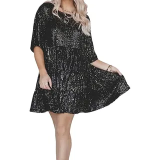 Vimlo Damen-Minikleid mit Glitzer, glitzernden Pailletten, Halbarm, hohe Taille, Kurze Kleider, abgestuftes Babydoll-Kleid, Party, Clubwear (Color : Black, Size : XL) - XL