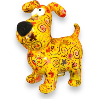 Pomme Pidou Spardose Hund Hugo Blumen und Kreise Motiv in gelb Sparschwein aus Keramik mit Tiermotiv H20,2 x B10,5 x T19 cm farbenfrohe Sparbüchse als Geschenkidee