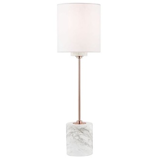 Casa Padrino Luxus Tischleuchte Kupfer / Weiß Ø 15,9 x H. 55,9 cm - Moderne runde Tischlampe mit Lampenschirm aus Kunstseide und Marmorsockel