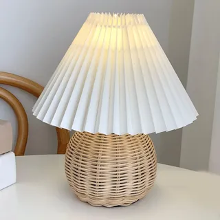 Gonetre Kleine Plissierte Tischlampe Vintage Rattan Nachttisch Nachttisch Mini Lampe Weiche Beleuchtung für Schlafzimmer Wohnzimmerstudien Büro 24x28x14 Cm