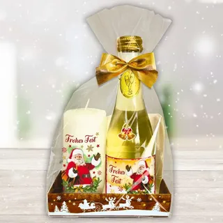 Hochwertiges Geschenkset zu Weihnachten - Piccolo Beerenperlwein "Frohe Weihnachten" mit Kerze "Frohes Fest - Secco Sekt und Stumpenkerze Weihnachtskerze mit Weihnachtsmann Motiv